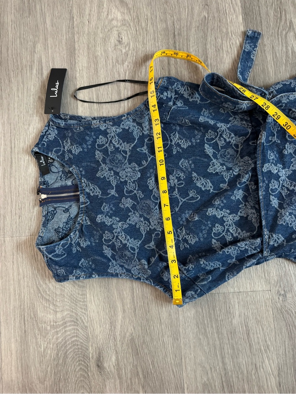 Lulu's Albena Dark Wash Floral Denim Sleeveless Mini Wrap Dress - Picture 4 of 6